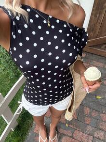 INAWLY Polka Dot Digital Print Fashionable Minimalist Cold Shoulder Top, Gift For Friends - Multicolor - View 6