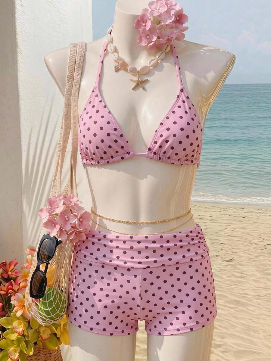 SHEIN 青少年女孩黑白條紋紋理掛脖式分體泳衣上衣，適合游泳、度假、海灘穿著，兒童泳裝套裝，夏季假期 - 粉色 - 查看 1