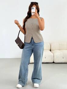 Shapeblank Plus Size Women's Spring/Summer Fashion Casual Loose Elastic Comfortable Daily All-Match Versatile Slimming White Striped Vest Top Outing Top - Brown - View 5