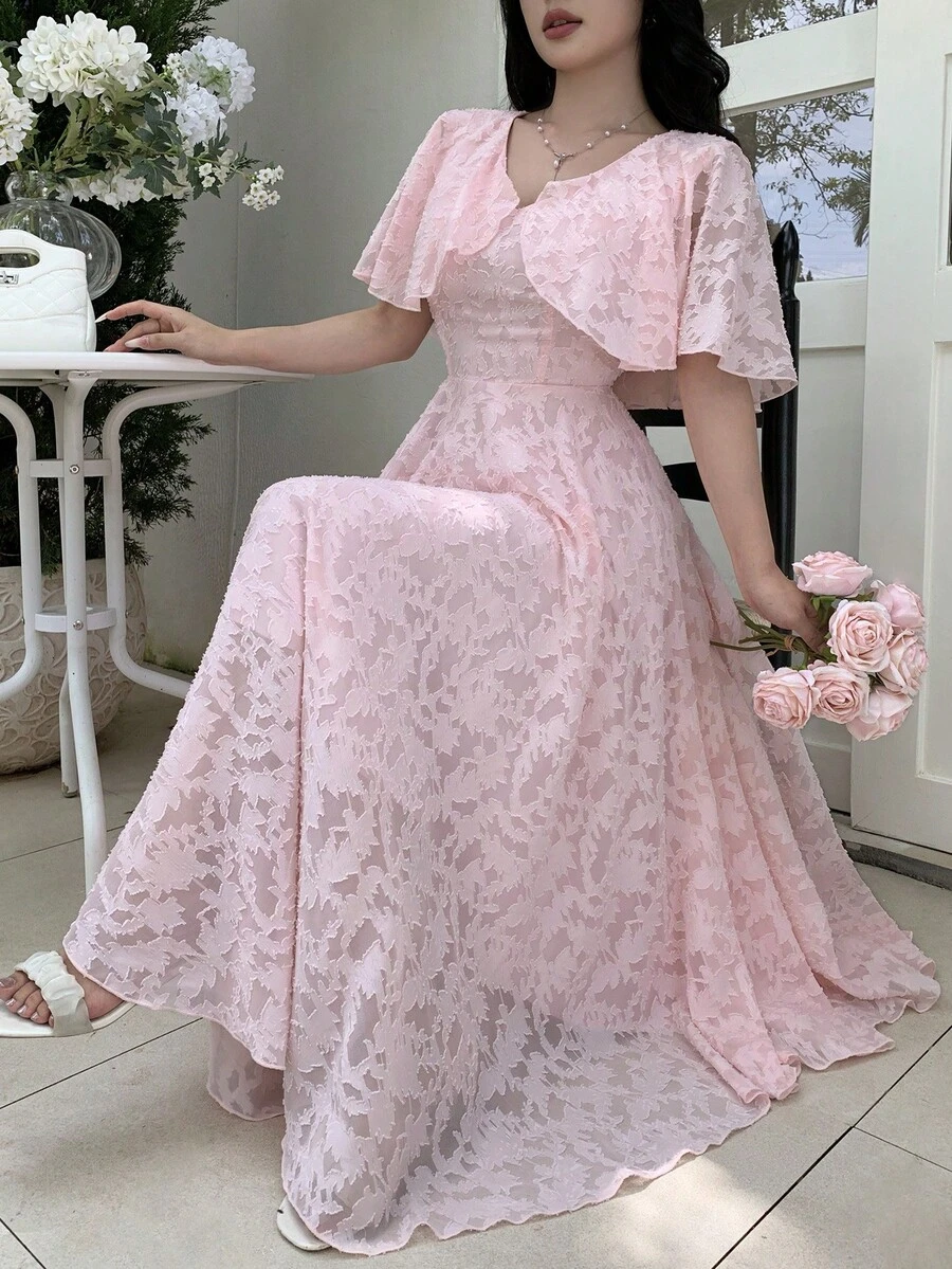 Modelyn V領披肩設計女款收腰大裙擺花卉雪紡印花洋裝