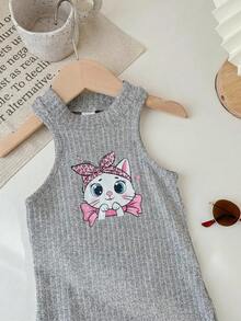 SHEIN LMoss Kids LMoss 青少女可愛貓咪印花無袖休閒兩件式洋裝套裝 - 彩色 - 查看 6