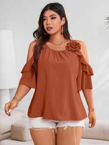 Vionelle Plus Cold Shoulder Ruffle Trim Blouse For Summer For New Year Clothes - Rust Brown - View 4