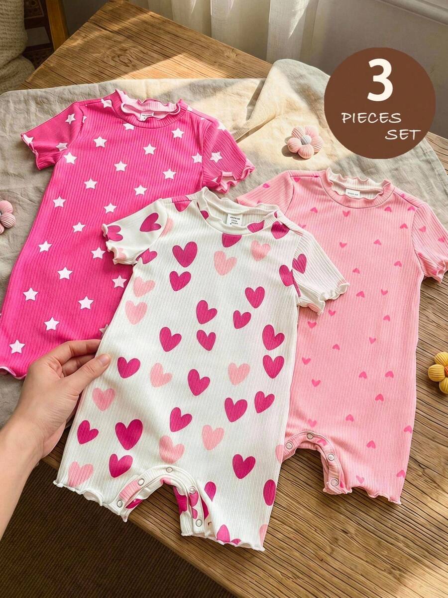 SHEIN 3pcs Baby Girl Knitted Star & Heart Pattern Ruffle Collar Casual Romper Set - Multicolor - View 1