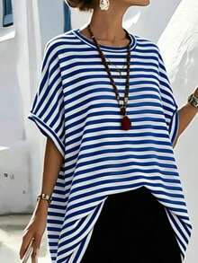 Breezaya T-shirt ample à manches courtes col rond imprimé rayures T-shirt rayé T-shirt de plage Top de plage pour femmes T-shirt pour femmes T-shirt rayé d'été - Bleu azur - Voir 3