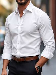 Calvornis Camisa casual de manga larga de lino texturizado de unicolor para hombre, formal - Blanco - Ver 6