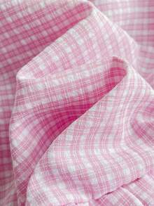 SHEIN Sweetro Women's Plaid Waist-Cinched Ruffle Tie Short Sleeve Blouse - Pink - View 4