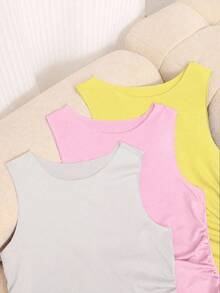 SHEIN 青少年女孩休閒腰部抓褶百褶圓領無袖連身衣 3 件組 海灘風 白色 粉色 淡黃色 夏季 - 彩色 - 查看 3