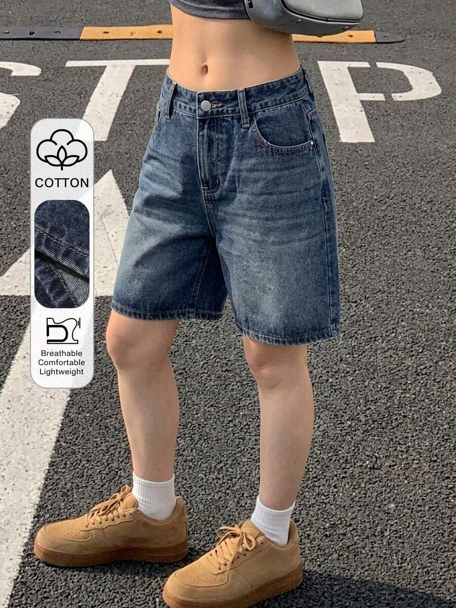 Livesso 春夏季六月節聖約翰日純棉藍色復古寬鬆街頭風水洗磨損直筒九分女版牛仔褲 - 藍色 - 查看 1
