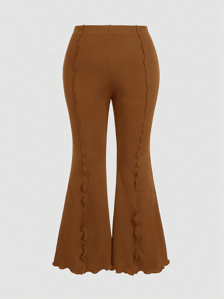 SHEIN MOD Black Versatile Split Structure High-Waist Slim Fit Plus Size Flare Long Pants - Camel - View 1