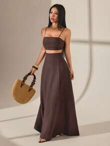 SHEIN PETITE 女款2件套夏季新品，音樂節、復活節、聖帕特里克節、西部風、遊牧風、生日派對、畢業季、學生穿搭、日常街頭風、百搭百搭、休閒、度假、郵輪旅行、海灘、海邊、曬日光浴、熱辣、百褶、細肩帶背心、繩結、竹節結、亞麻、卡其色、小個女款 - 棕色 - 查看 5