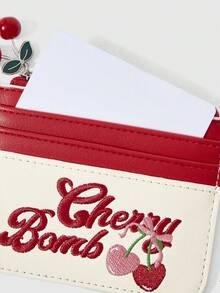 ROMWE Kawaii 1 Bolsa de tarjetas para mujer con patrón de cereza y letra bordada, bolsa de almacenamiento de tarjetas portátil con empalme de colores contrastantes, adecuada para uso diario y para regalar. - Blanco 1 - Ver 5