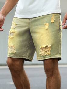 Manfinity Homme Plus Size Men's Slant Pocket American Distressed Denim Shorts - Blue - View 8