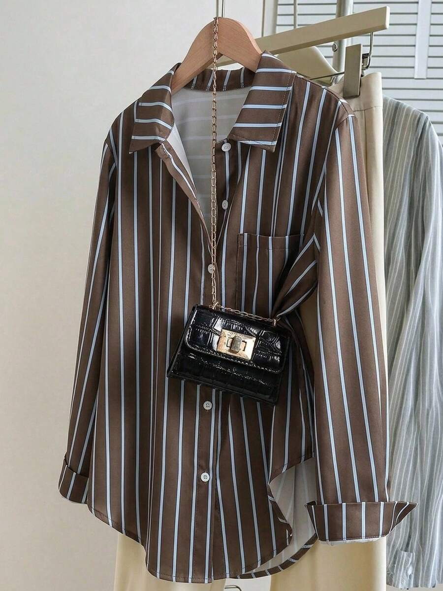 SHEIN Tween Girl Striped Lightweight Sun Protection Shirt, Spring & Summer,Holiday,Summer,Travel - Brown - View 1