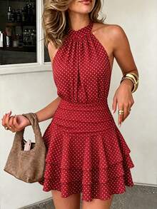 PariChic Vestido elegante y romántico de cuello halter, cintura ajustada, vestido corto con volantes plisados en albaricoque y blanco, nuevo vestido de primavera/verano, vestido para cita de - Burdeos - Ver 4