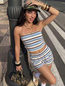 Comfortcana 女款休閒套裝 條紋抹胸上衣與短褲休閒套裝 度假穿搭女裝 - 彩色 - 查看 6