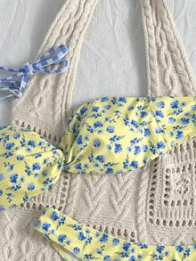 Swim Mod 女款夏季海灘度假花卉印花細肩帶比基尼三角褲兩件式泳衣套裝 奶油黃 性感熱帶風 - 彩色 - 查看 8