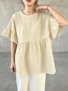 FRIFUL Camiseta holgada de cuello redondo con puños de volantes para mujer, para vacaciones de verano - Albaricoque - Ver 3