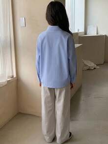 DAZY 青少年女孩秋季服飾 翻領梭織條紋長袖襯衫 - 藍色 - 查看 4