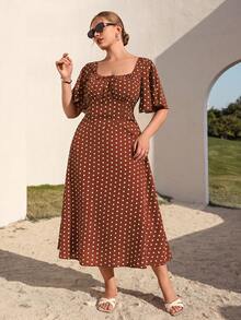 Juhart Plus Size Women's Elegant Romantic L'amoure Square Neck Short Sleeve Cinched Waist A-Line Long Dress, Summer Brunch Party Geometric Polka Dot Brown - Rust Brown - View 6