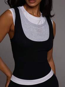 MUSERA ESSENTIALS Black Contrast Colours Triple Layered Scoop Front Cami - Multicolor - View 6