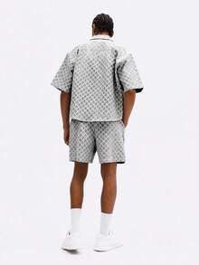 SUMWON 灰色菱格纹两件套短袖衬衫短裤夏季休闲家居服 - 淺灰色 - 查看 6