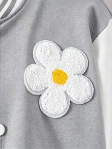 SHEIN Elladie kids 女童休閒時尚春/秋季彩色3D花卉對比色棒球夾克 - 灰色 - 查看 5