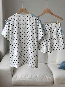 Comfortcana Damen Polka Dot Muster Schleife Dekoration Kurzarm T-Shirt und Shorts Lässig Set - Schwarz und Weiss - Übersicht 2