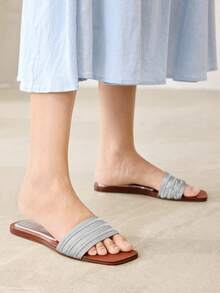 MOTF SANDALIA PLANA DE DAMA COLOR CHAMPAGNE CASUAL MODA PARA DESPLAZAMIENTO Y VACACIONES TEJIDA CON PUNTA ABIERTA ZAPATOS DE VERANO - Plateado - Ver 6