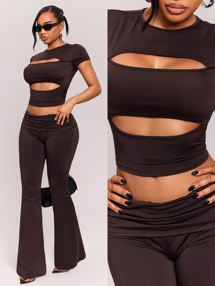 Radiana Women's 2-Piece Set All Shades Of Brown,Summmer,Seksi Chic,Night Out Club Hollow Round Neck Short Sleeve T-Shirt And Low Waist Fitted Flare Pants - Brown - View 1
