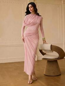 ZEYLAH Women's Solid Color Pleated Elegant Waist Gathering Dress For Party - Pink - View 7