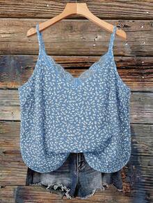 SHEIN LUNE Plus Size Women Floral Contrast Lace Camisole - Blue - View 1