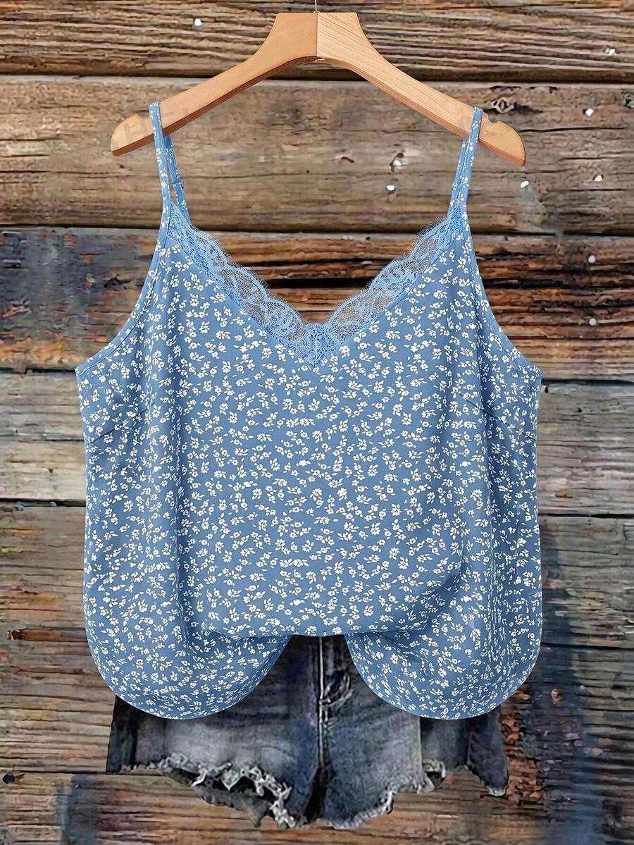 SHEIN LUNE Plus Size Women Floral Contrast Lace Camisole - Blue - View 1