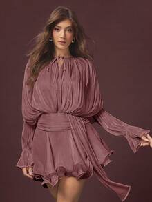 L'Amorae Women's Elegant Solid Color Waist-Defining Mini Dress, Graduation, Birthday, Ruffle, Pleated, Fall, Winter, Autumn Day Party Dusty Rose - Redwood - View 5