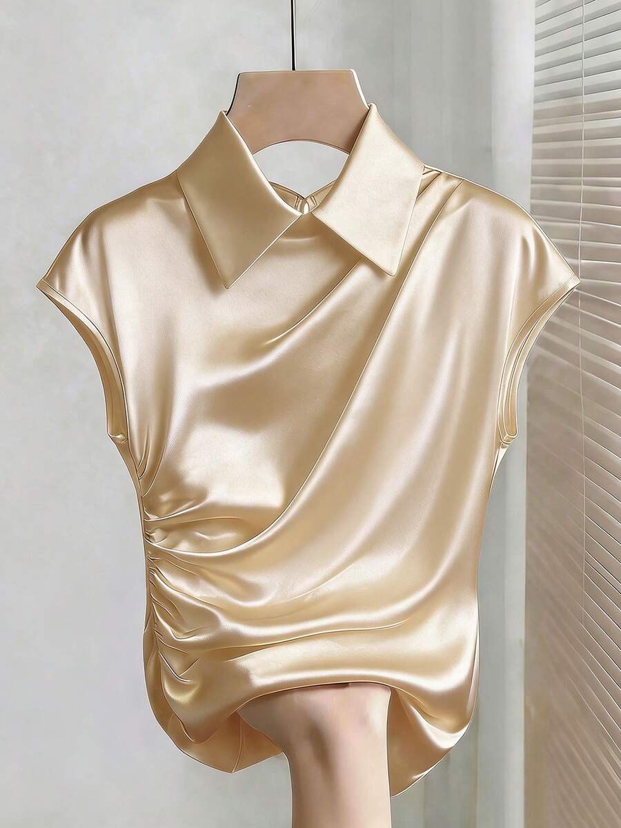 SHEIN Franclia 女款襯衫領收腰蝙蝠袖上衣 辦公室晚餐穿著 香檳色 夏季優雅風 - 香檳色 - 查看 1