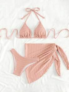Swim Mod Conjunto de traje de baño de dos piezas de unicolor para vacaciones en la playa - Rosa - Ver 4