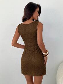Aloruh Vestido mini de mujer de cuello cuadrado elegante, cintura ajustada y tela texturizada de unicolor - Café - Ver 2