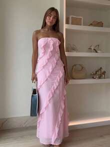 Aloruh Women's Summer Beach Day Party Date Wedding Romantic Elegant Soft Pink Voluminous Ruffled Hem Strapless Dress - Pink - View 9