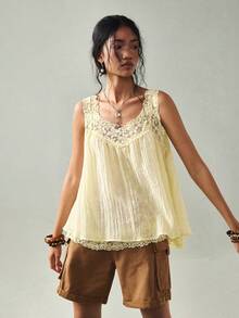 SoleilVie 女士极简休闲蕾丝拼接吊带背心 夏季 夏季穿搭 夏季服装 夏季上衣 女士沙滩装 女士沙滩装 优雅女士衬衫 女士休闲衬衫 女士休闲衬衫 女士度假装 女士夏季假日装 假日装 女士度假装 黄色上衣 黄色上衣 女士波西米亚风上衣 波西米亚风服装 夏季上衣 女士夏季上衣 女士夏季上衣 - 淡黃色 - 查看 7