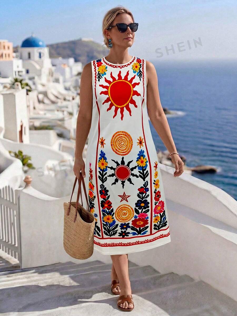 EMERY ROSE CURVE Plus Size Casual Summer Beach Holiday Sunlight Abstract Totem Print Dress - Multicolor - View 1