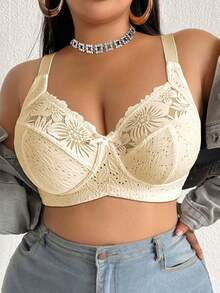 DesireSculpt Plus Size Lace Patchwork Non-Wired Bralette 1 Piece - Yellow - View 3