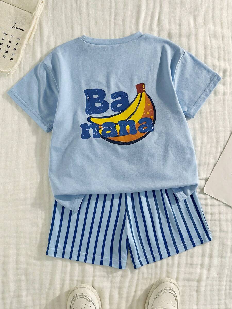 Playful Pals 小男孩 2 件組棉質套裝,2 件/套 男童休閒時尚舒適圖案印花圓領落肩上衣與條紋印花短褲 - 藍色 - 查看 1