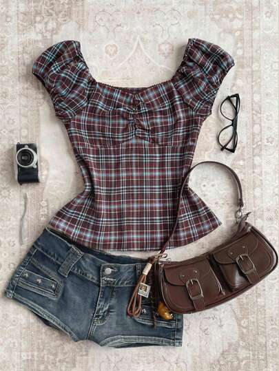 Tween Girls Blouses Off-Shoulder Ruffle Trim Plaid Top, Cute Top, Brown