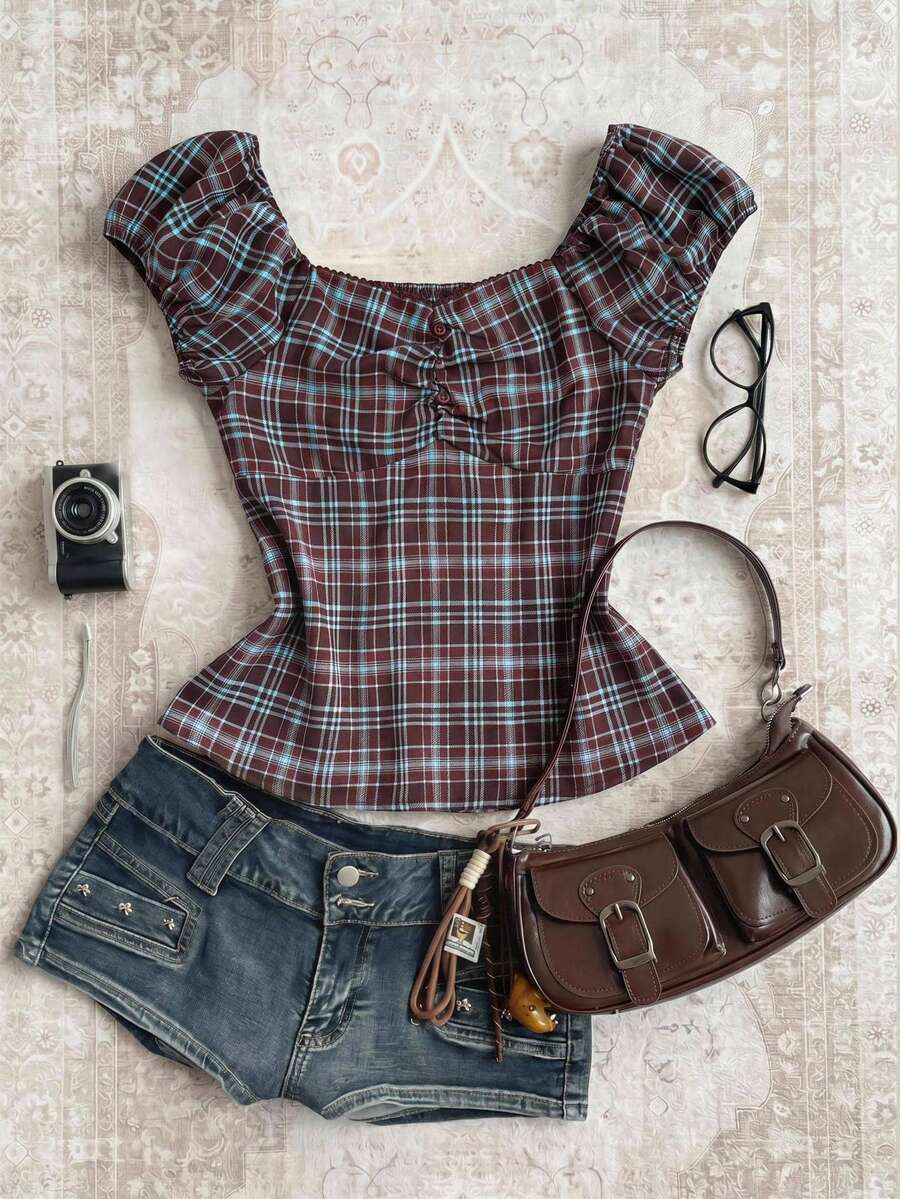 Blusas para niñas preadolescentes con hombros descubiertos y volantes, top a cuadros, top lindo, marrón - Marrón - Ver 1