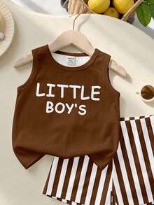 SHEIN Playful Pals 1套男嬰休閒簡約度假風「LITTLE BOY'S」字母印花圓領背心與條紋印花短褲套裝，適合夏季外出、休閒、度假及其他場合 - 彩色 - 查看 3