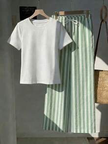 SHEIN EZwear 两件套休闲简约风白色圆领短袖上衣和绿色仿机械条纹印花长裤，适合春夏穿着。 - 彩色 - 查看 4