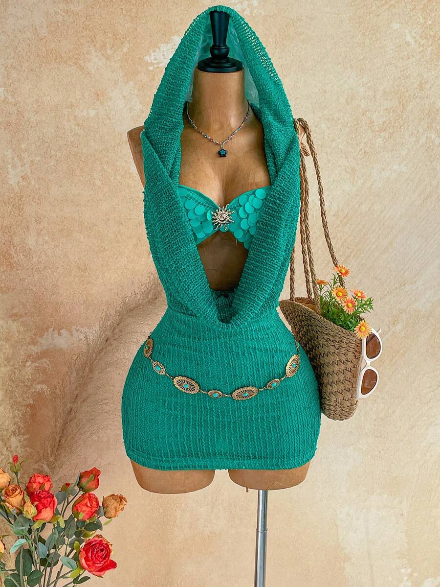 Soleia Damen-Mini-Kleid für Urlaub im Frühling/Sommer, romantisch, sexy, Vintage, mit Pailletten, Kapuze und Wasserfall-Ausschnitt, mit Pailletten-Cups, tropischer Urlaubs-Look, für Date, Nachmittagstee, Strand, Kreuzfahrt, Roadtrip, Städtereise, Musikfestival-Outfit, Party, Boho, Hippie, Western, Karneval, St. Patrick's Day - Dunkelgrün - Übersicht 1