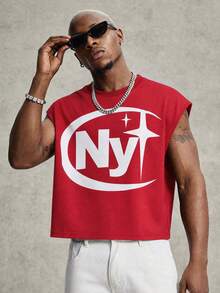 PAVTROS Men's Solid Color Letter Print Crew Neck Fashion Casual Tank Top - Red - View 3