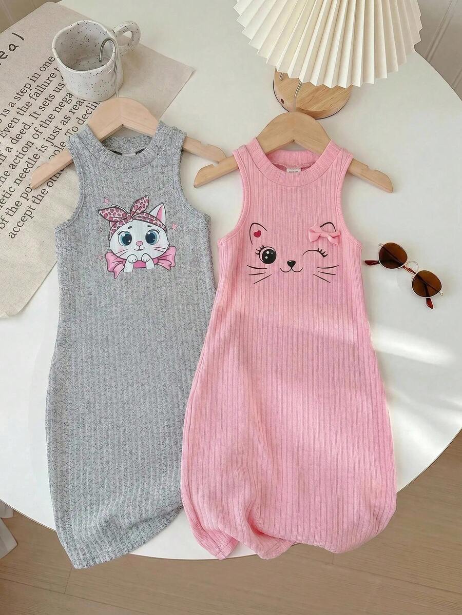 SHEIN LMoss Kids LMoss 青少女可愛貓咪印花無袖休閒兩件式洋裝套裝 - 彩色 - 查看 1