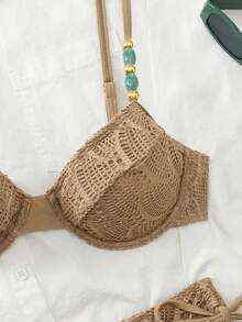 Swim Chiccia 26SS 春夏度假海灘紋理面料綠色鋼圈托高比基尼泳衣兩件套 - 摩卡棕 - 查看 7
