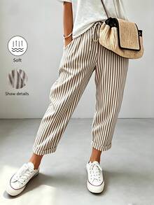 SHEIN Holidaya Women's Casual Commuter Striped Long Pants - Khaki - View 1